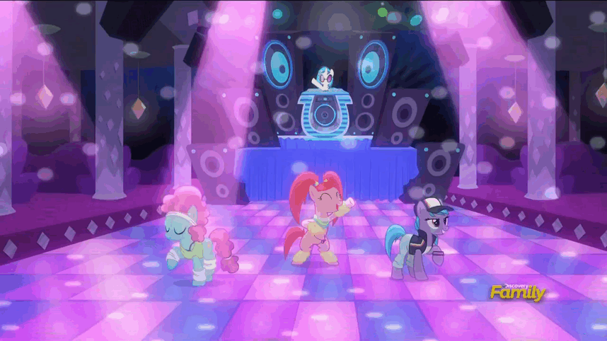 Size: 858x482 | Tagged: safe, screencap, character:azure velour, character:dj pon-3, character:pacific glow, character:vinyl scratch, species:earth pony, species:pony, species:unicorn, episode:the saddle row review, g4, my little pony: friendship is magic, animated, clothing, club pony party palace, dance club, dancing, discovery family logo, female, flashdancer, mare