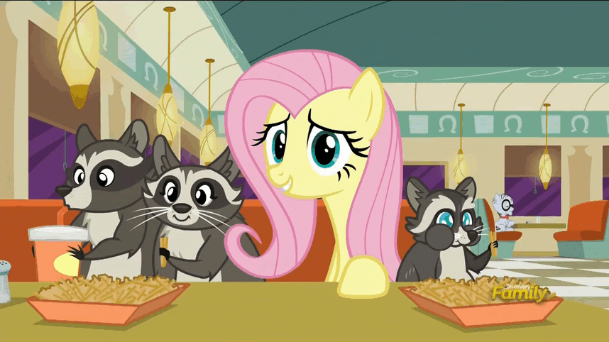 Size: 858x482 | Tagged: safe, screencap, character:fluttershy, character:mr. waddle, episode:the saddle row review, g4, my little pony: friendship is magic, animated, discovery family logo, food, french fries, hay fries, raccoon, smoky, smoky jr., softpad