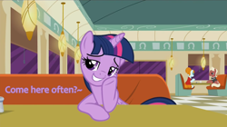 Size: 1280x719 | Tagged: safe, screencap, character:beaude mane, character:joan pommelway, character:twilight sparkle, character:twilight sparkle (alicorn), species:alicorn, species:earth pony, species:pony, episode:the saddle row review, g4, my little pony: friendship is magic, background pony, cafe, female, flirt, flirting, male, mare, meme, solo, stallion