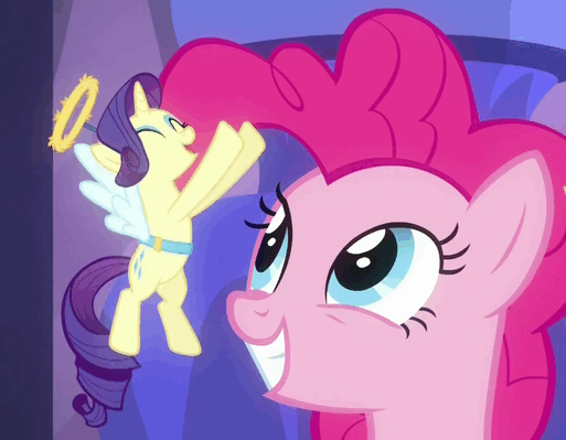 Size: 513x399 | Tagged: safe, screencap, character:pinkie pie, character:rarity, species:earth pony, species:pony, species:unicorn, episode:the saddle row review, g4, my little pony: friendship is magic, angel rarity, animated, cute, eyes closed, female, flying, good end, happy, haylo, loop, mare, open mouth, raribetes, shoulder angel, smiling, wings