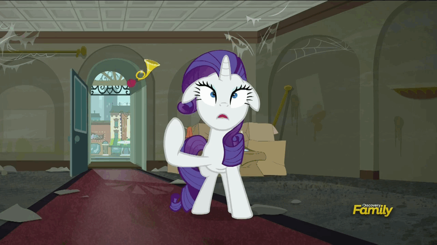 Size: 858x482 | Tagged: safe, screencap, character:rarity, episode:the saddle row review, g4, my little pony: friendship is magic, animated, discovery family logo, eye twitch, floppy ears, raccoon, smoky, smoky jr., softpad, zoom in