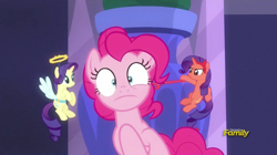 Size: 1279x717 | Tagged: safe, screencap, character:pinkie pie, character:rarity, episode:the saddle row review, g4, my little pony: friendship is magic, angel rarity, annoyed, devil rarity, discovery family logo, frown, haylo, pitchfork, poking, shoulder angel, shoulder devil, shrunken pupils
