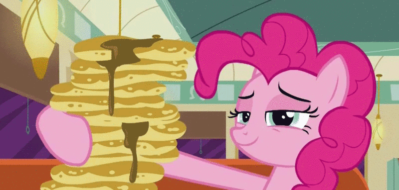 Size: 800x382 | Tagged: safe, screencap, character:pinkie pie, episode:the saddle row review, g4, my little pony: friendship is magic, animated, clone, clothing, food, hat, pancakes, pinkie clone, restaurant, syrup, the clone that got away