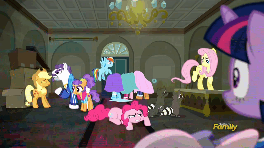 Size: 858x482 | Tagged: safe, screencap, character:applejack, character:mr. stripes, character:pinkie pie, character:plaid stripes, character:rarity, character:twilight sparkle, character:twilight sparkle (alicorn), species:alicorn, species:pony, episode:the saddle row review, g4, my little pony: friendship is magic, animated, bipedal, discovery family logo, epic maneuver, female, flying, frown, glow, grin, gritted teeth, magic, mare, slow motion, smiling, spread wings, telekinesis, wide eyes, wings