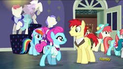 Size: 1360x768 | Tagged: safe, screencap, character:blue bobbin, character:don neigh, character:rainbow dash, character:rarity, character:strawberry ice, character:upper east side, species:earth pony, species:pegasus, species:pony, episode:the saddle row review, g4, my little pony: friendship is magic, background pony, crimson cream, discovery family logo, fashion statement, female, male, mannequin, mare, mare e. belle, pegasus olsen, peggy holstein, stallion
