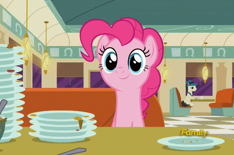 Size: 800x531 | Tagged: safe, screencap, character:pinkie pie, character:sweet service, species:pony, episode:the saddle row review, g4, my little pony: friendship is magic, animated, bill, cute, diapinkes, diner, discovery family logo, embarrassed, faec, floppy ears, frown, grin, gritted teeth, hooves together, looking at you, lucky breaks, plate, restaurant, smiling, squee, sticker shock, talking, waitress, wide eyes