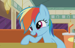 Size: 928x596 | Tagged: safe, screencap, character:rainbow dash, species:pegasus, species:pony, episode:the saddle row review, g4, my little pony: friendship is magic, cute, dashabetes, drink, female, image macro, mare, meme, open mouth, sitting, smiling, solo