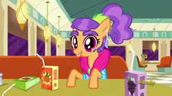 Size: 1277x717 | Tagged: safe, screencap, character:plaid stripes, episode:the saddle row review, g4, my little pony: friendship is magic, discovery family logo, juice, juice box, spoon
