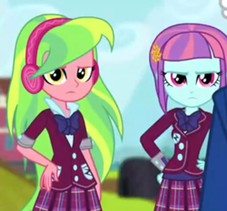 Size: 458x427 | Tagged: safe, screencap, character:lemon zest, character:principal abacus cinch, character:sunny flare, equestria girls:friendship games, g4, my little pony:equestria girls, clothing, cropped, crystal prep academy uniform, school uniform