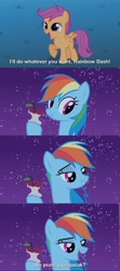 Size: 2732x6148 | Tagged: safe, screencap, character:rainbow dash, character:scootaloo, species:pegasus, species:pony, episode:owl's well that ends well, g4, my little pony: friendship is magic, season 1, absurd resolution, caption, eager, female, filly, happy, lidded eyes, mare, out of context, screencap comic