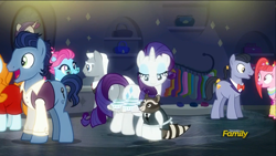 Size: 1920x1080 | Tagged: safe, screencap, character:blue bobbin, character:diamond cutter, character:joan pommelway, character:pacific glow, character:rarity, character:roger silvermane, character:waxton, species:earth pony, species:pony, species:unicorn, episode:the saddle row review, g4, my little pony: friendship is magic, apron, blue corn reduction with shallot confit, clothing, discovery family logo, female, joan holloway, looking down, male, mare, not pinkie pie, raccoon, roger sterling, smoky, stallion, waiter