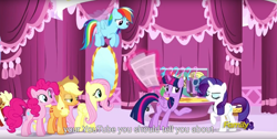 Size: 1920x970 | Tagged: safe, screencap, character:applejack, character:fluttershy, character:pinkie pie, character:rainbow dash, character:rarity, character:twilight sparkle, character:twilight sparkle (alicorn), species:alicorn, species:pony, episode:the saddle row review, g4, my little pony: friendship is magic, discovery family logo, female, mane six, mare, meme, youtube, youtube caption