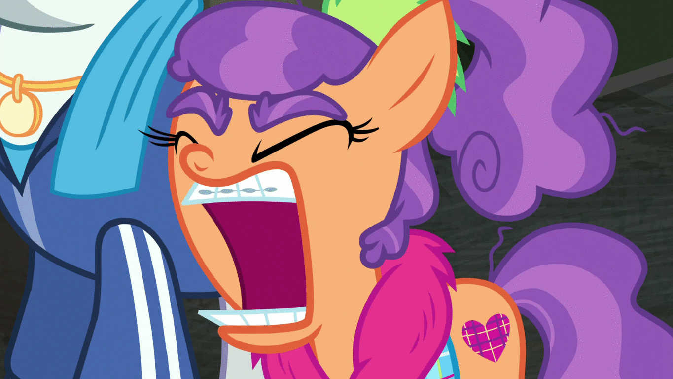 Size: 1365x768 | Tagged: safe, screencap, character:mr. stripes, character:plaid stripes, episode:the saddle row review, g4, my little pony: friendship is magic, animated, biting, braces, chomp, chomper, loop, teeth