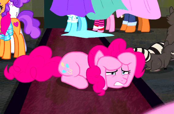 Size: 568x373 | Tagged: safe, screencap, character:bleeding heart, character:blue bobbin, character:mr. stripes, character:pinkie pie, character:plaid stripes, episode:the saddle row review, g4, my little pony: friendship is magic, animated, background pony, raccoon, smoky, smoky jr., solo