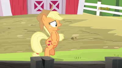 Size: 400x225 | Tagged: safe, screencap, character:applejack, species:chicken, species:pony, episode:applejack's day off, animated, bipedal, chicken dance, chickenjack, discovery family logo, silly, silly pony, solo, who's a silly pony