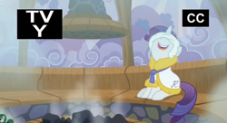 Size: 2421x1317 | Tagged: safe, screencap, character:rarity, episode:applejack's day off, clothing, robe, sauna, towel