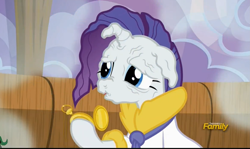 Size: 2341x1399 | Tagged: safe, screencap, character:rarity, episode:applejack's day off, discovery family logo, faec, nightmare fuel, prunity, pruny, wat, wrinkles, wtf