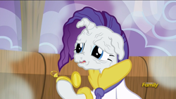 Size: 1920x1080 | Tagged: safe, screencap, character:rarity, episode:applejack's day off, g4, my little pony: friendship is magic, clothing, discovery family logo, faec, frown, hoof hold, nose wrinkle, open mouth, pocket watch, prunity, pruny, robe, wet mane, wrinkles