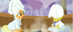Size: 1680x741 | Tagged: safe, screencap, character:applejack, character:rarity, episode:applejack's day off, clothing, robe, sauna