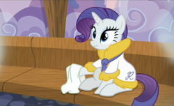 Size: 891x543 | Tagged: safe, screencap, character:rarity, species:pony, species:unicorn, episode:applejack's day off, clothing, cute, female, mare, raribetes, robe, sauna, sitting, solo