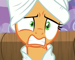Size: 429x341 | Tagged: safe, screencap, character:applejack, episode:applejack's day off, clothing, robe, solo, towel
