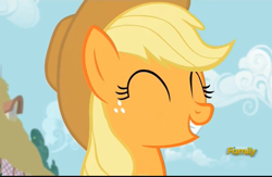 Size: 2213x1439 | Tagged: safe, screencap, character:applejack, species:earth pony, species:pony, episode:applejack's day off, applejack's hat, clothing, cowboy hat, cute, discovery family logo, eyes closed, female, hat, jackabetes, mare, smiling