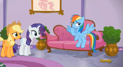 Size: 2457x1337 | Tagged: safe, screencap, character:applejack, character:rainbow dash, character:rarity, episode:applejack's day off, discovery family logo