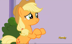 Size: 891x543 | Tagged: safe, screencap, character:applejack, episode:applejack's day off, air quotes, discovery family logo, solo