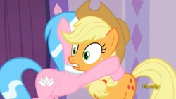 Size: 1654x925 | Tagged: safe, screencap, character:aloe, character:applejack, episode:applejack's day off, discovery family logo, hug