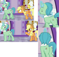 Size: 1471x1420 | Tagged: safe, screencap, character:applejack, character:birch bucket, character:bulk biceps, character:carrot cake, character:cup cake, character:lavender essence, character:rarity, species:pony, episode:applejack's day off, female, mare, out of context, plot, spa pony, spa worker, the ass was fat