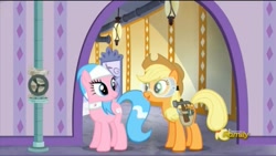 Size: 1279x721 | Tagged: safe, screencap, character:aloe, character:applejack, episode:applejack's day off, discovery family logo, goggles, hammer, horseshoes, toolbelt, tools