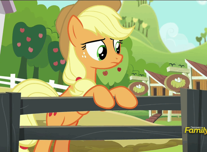 Size: 707x518 | Tagged: safe, screencap, character:applejack, episode:applejack's day off, animated, animation error, discovery family logo, gate, loop