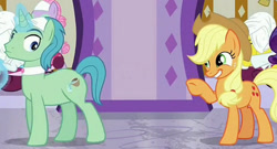 Size: 669x361 | Tagged: safe, screencap, character:applejack, character:birch bucket, character:bulk biceps, character:carrot cake, character:cup cake, character:lavender essence, character:rarity, episode:applejack's day off, spa pony, spa worker