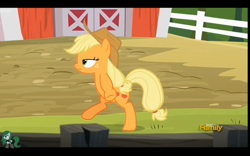 Size: 1440x900 | Tagged: safe, screencap, character:applejack, species:chicken, species:pony, episode:applejack's day off, bronystate, discovery family logo, farm, silly, silly pony, who's a silly pony