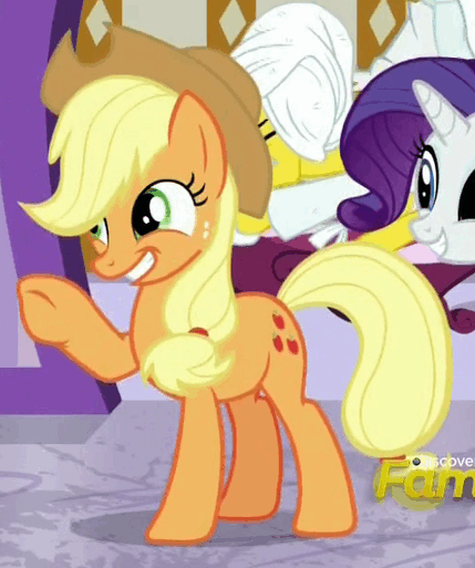 Size: 429x513 | Tagged: safe, screencap, character:applejack, character:bulk biceps, character:carrot cake, character:rarity, species:earth pony, species:pegasus, species:pony, species:unicorn, episode:applejack's day off, animated, applejack's hat, clothing, cowboy hat, cute, female, grin, hat, jackabetes, loop, male, mare, massage, smiling, stallion, waving
