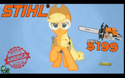 Size: 1280x800 | Tagged: safe, screencap, character:applejack, episode:applejack's day off, bronystate, chainsaw, discovery family logo, goggles, parody, stihl, toolbelt, tools
