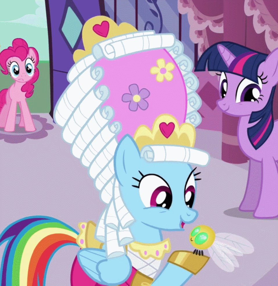Size: 957x985 | Tagged: safe, screencap, character:pinkie pie, character:rainbow dash, character:rarity, character:twilight sparkle, character:twilight sparkle (unicorn), species:earth pony, species:pegasus, species:pony, species:unicorn, episode:swarm of the century, g4, my little pony: friendship is magic, animated, artifact, bipedal, close-up, clothing, cute, dashabetes, dashie antoinette, eyes closed, female, giant hat, hat, ignore, kiss on the cheek, kissing, mare, mare antoinette, marie antoinette, nuzzling, open mouth, parasprite, platonic kiss, rainbow dash always dresses in style, raised hoof, smiling, twiabetes