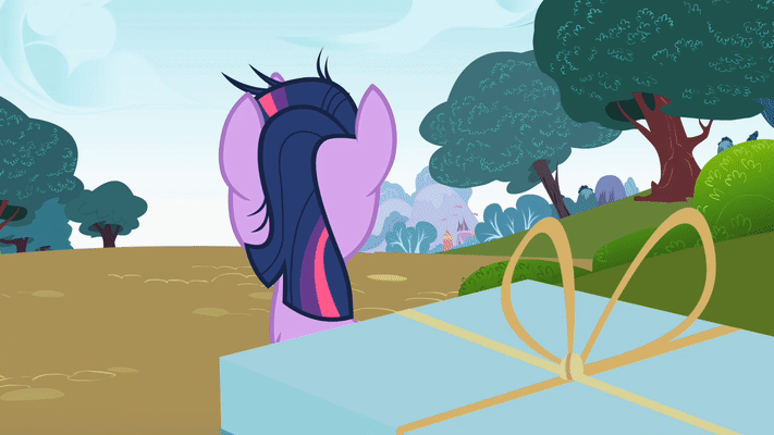 Size: 711x400 | Tagged: safe, screencap, character:twilight sparkle, episode:lesson zero, g4, my little pony: friendship is magic, animated, implied spike, insanity, jumpscare, outdoors, ponyville, screamer, slasher smile, solo, twilight snapple