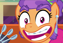 Size: 1032x714 | Tagged: safe, screencap, character:plaid stripes, episode:the saddle row review, g4, my little pony: friendship is magic, season 6, smiling, solo, spoiler, spoon, thick eyebrows