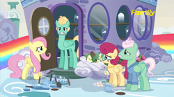 Size: 1275x715 | Tagged: safe, screencap, character:fluttershy, character:gentle breeze, character:posey shy, character:zephyr breeze, species:pegasus, species:pony, episode:flutter brutter, g4, my little pony: friendship is magic, angry, annoyed, broken glass, discovery family logo, door, family, female, flower, looking at you, male, mare, shy family house, shys, stallion, the shy family