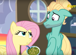 Size: 709x507 | Tagged: safe, screencap, character:fluttershy, character:zephyr breeze, species:pegasus, species:pony, episode:flutter brutter, g4, my little pony: friendship is magic, alphabet soup, can you spare a dime?, discovery family logo, female, food, get a job, hilarious in hindsight, male, mare, soup, spongebob squarepants, stallion