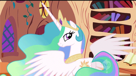 Size: 450x253 | Tagged: safe, screencap, character:princess celestia, species:pony, episode:lesson zero, g4, my little pony: friendship is magic, animated, blinking, female, golden oaks library, hub logo, library, looking back, mare, night, plot, smiling, solo, spread wings, wings
