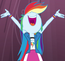 Size: 767x720 | Tagged: safe, screencap, character:rainbow dash, equestria girls:friendship games, g4, my little pony:equestria girls, chs rally song, cute, hair, hand, happy, joy, nose, nose in the air, open mouth, singing, teeth, tongue out, uvula, volumetric mouth