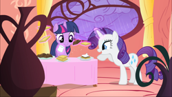 Size: 1920x1080 | Tagged: safe, screencap, character:rarity, character:twilight sparkle, species:pony, episode:look before you sleep, g4, my little pony: friendship is magic, food, glowing horn, magic, rarity looking at food, s'mores, telekinesis