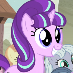Size: 606x606 | Tagged: safe, screencap, character:dusk drift, character:starlight glimmer, species:pony, species:unicorn, episode:the cutie map, g4, my little pony: friendship is magic, cute, equalized, equalized mane, face, female, glimmerbetes, mare, puppy dog eyes, s5 starlight, smiling, squee, when she smiles, wide eyes
