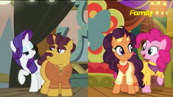 Size: 1277x718 | Tagged: safe, screencap, character:coriander cumin, character:pinkie pie, character:rarity, character:saffron masala, species:pony, episode:spice up your life, g4, my little pony: friendship is magic, discovery family logo, the tasty treat