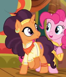 Size: 327x380 | Tagged: safe, screencap, character:pinkie pie, character:saffron masala, species:pony, episode:spice up your life, g4, my little pony: friendship is magic, the tasty treat