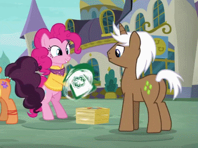 Size: 409x306 | Tagged: safe, screencap, character:mochaccino, character:pinkie pie, character:rare find, character:saffron masala, species:pony, species:unicorn, episode:spice up your life, g4, my little pony: friendship is magic, animated, duo focus, female, male, mare, plot, stallion