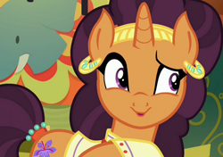 Size: 1520x1070 | Tagged: safe, screencap, character:saffron masala, species:pony, species:unicorn, episode:spice up your life, g4, my little pony: friendship is magic, female, mare, raised eyebrow, smiling, solo