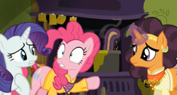 Size: 1637x884 | Tagged: safe, screencap, character:pinkie pie, character:rarity, character:saffron masala, species:pony, episode:spice up your life, g4, my little pony: friendship is magic, discovery family logo